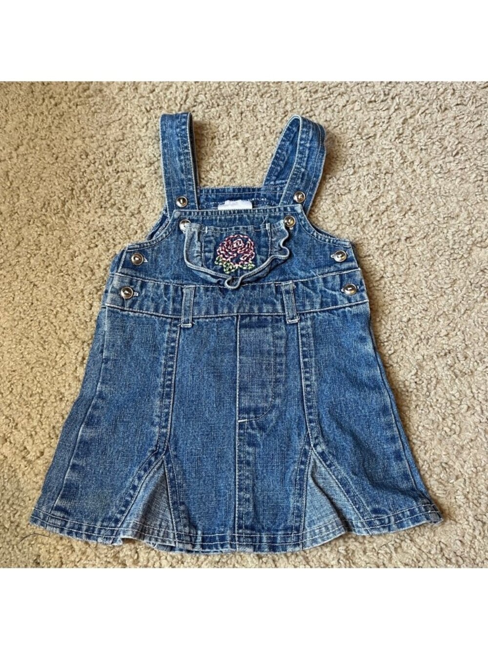 Vintage 90s Denim Jean Dress Girls Baby 9m Rose Embroidered Flower Overalls